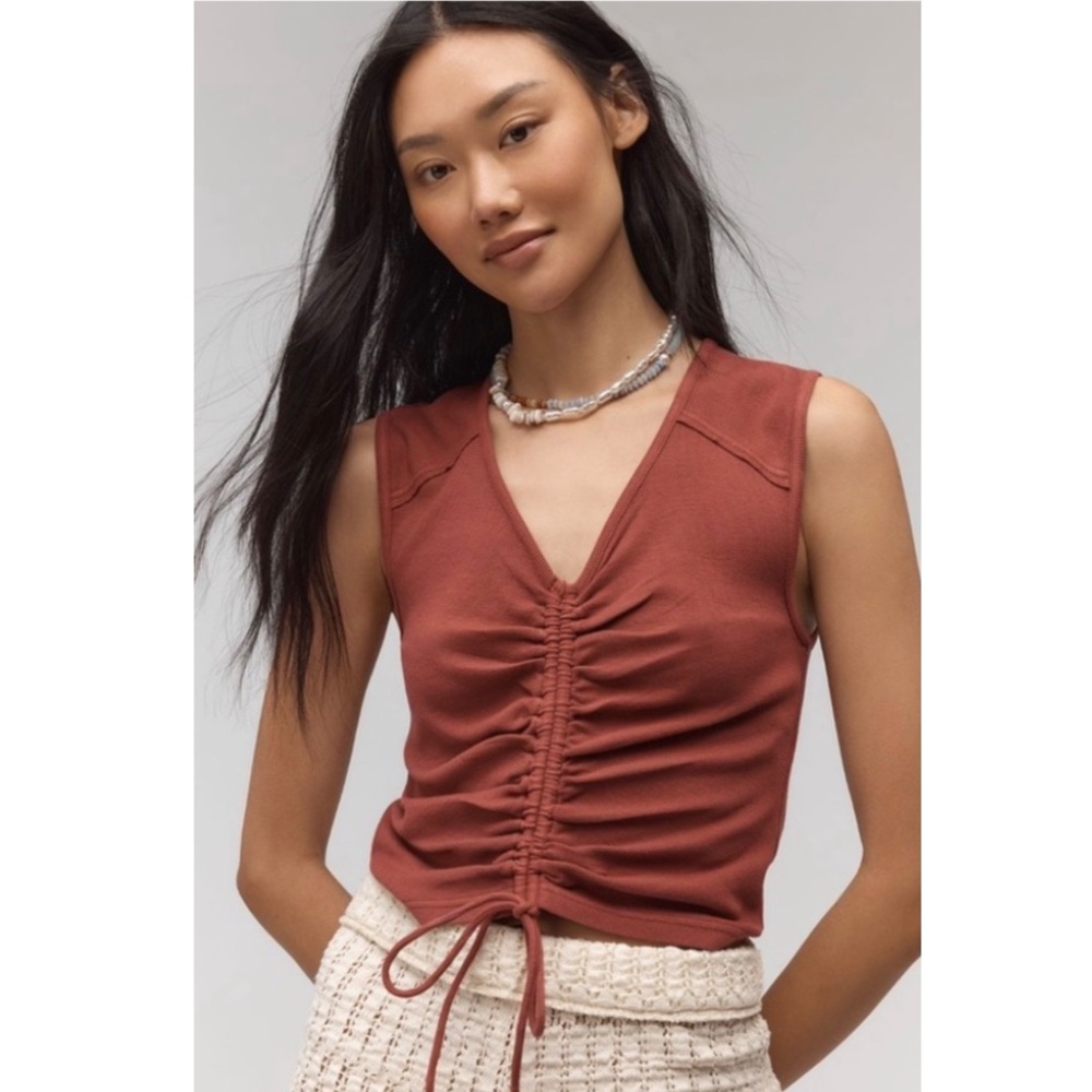 Anthropologie Pilcro V Neck Sleeveless Ruched Ribbed Tea Baked Paprika